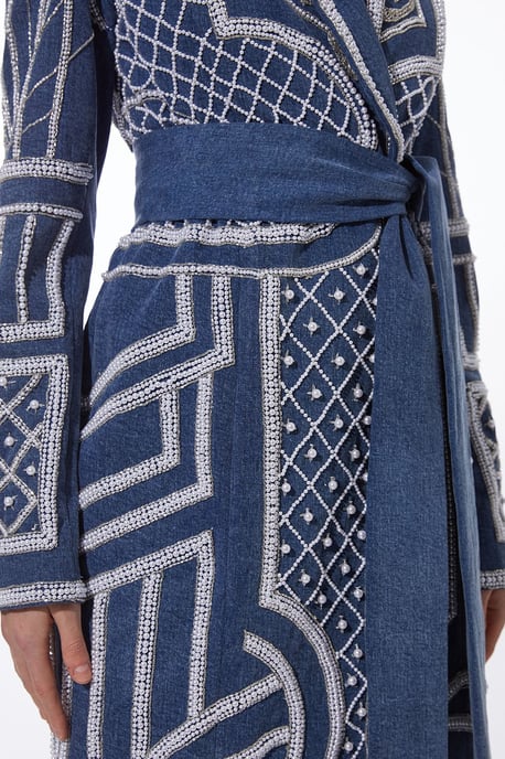 Petite Premium Pearl Embellished Denim Woven Blazer Midi Dress - Image 3
