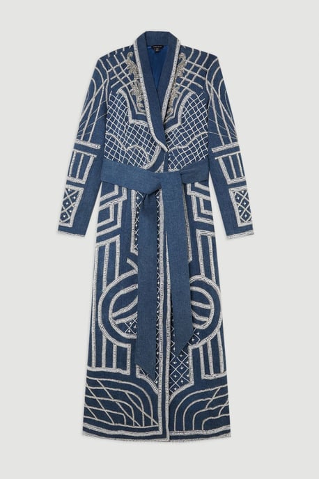 Petite Premium Pearl Embellished Denim Woven Blazer Midi Dress - Image 4