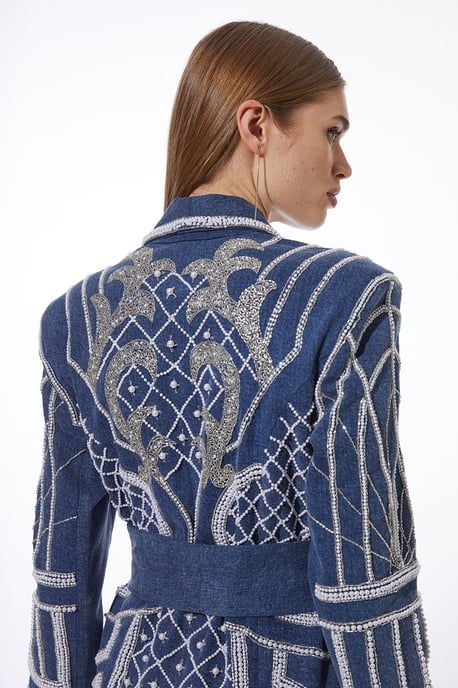 Petite Premium Pearl Embellished Denim Woven Blazer Midi Dress - Image 5