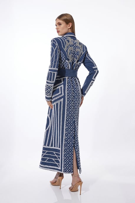 Petite Premium Pearl Embellished Denim Woven Blazer Midi Dress - Image 6