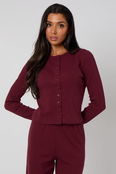 Burgundy Long Sleeved Button Front Top - Image 1
