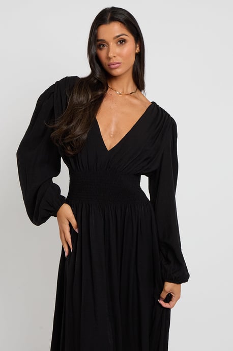 Black Sleeved Elasticated Waist Maxi Dress - Image 3