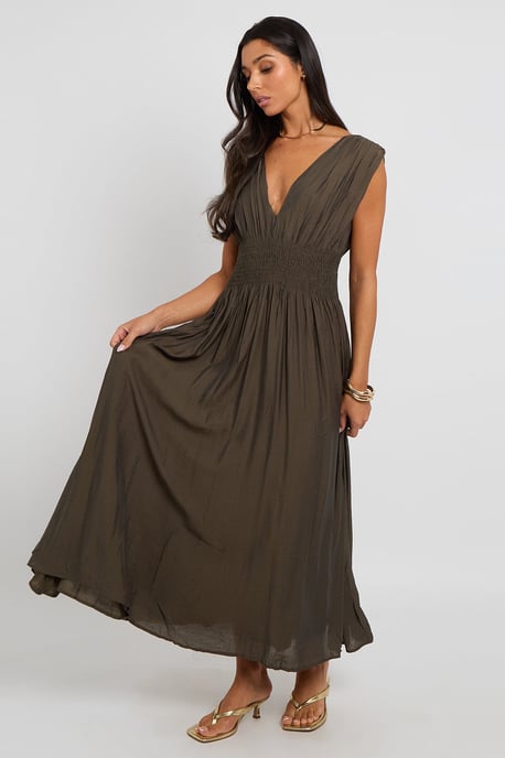 Khaki Maxi Dress with Elasticated Waist - Image 1