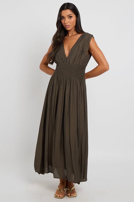 Khaki Maxi Dress with Elasticated Waist - Image 2