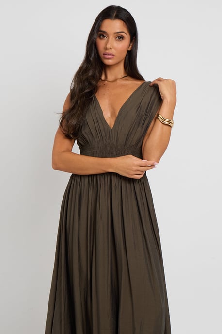 Khaki Maxi Dress with Elasticated Waist - Image 3
