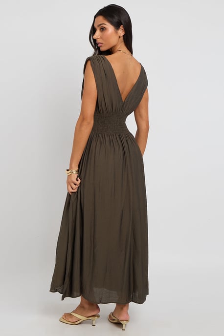 Khaki Maxi Dress with Elasticated Waist - Image 4