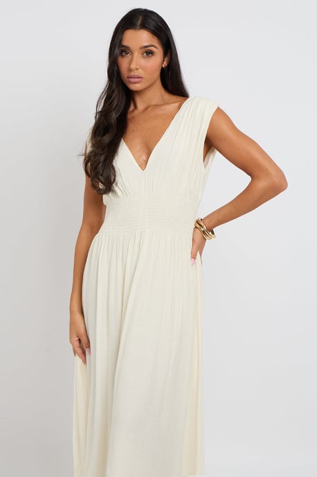 Cream Maxi Dress with Elasticated Waist - Image 3
