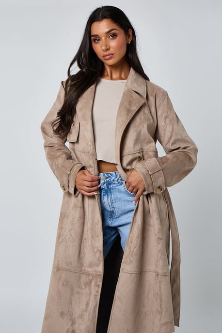 Stone Faux Suede Trench Coat - Image 2