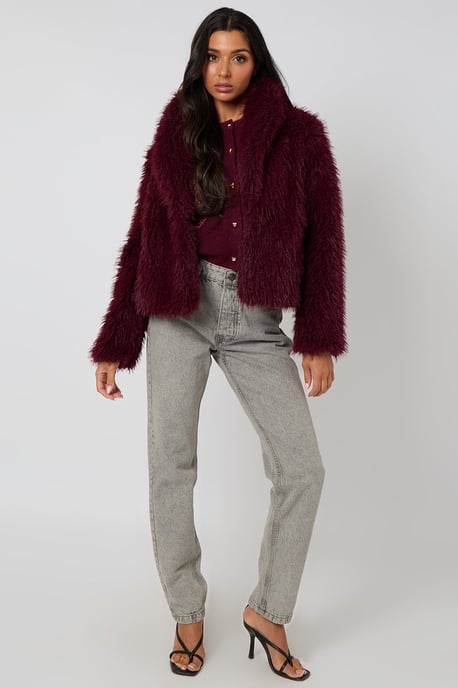 Burgundy Faux Fur Jacket - Image 1