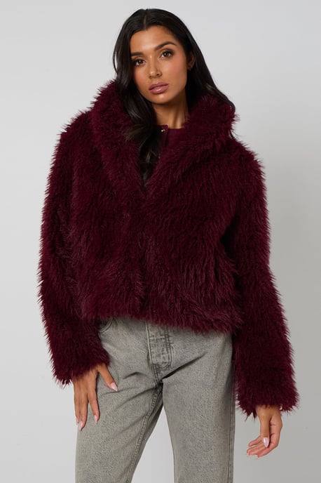 Burgundy Faux Fur Jacket - Image 3