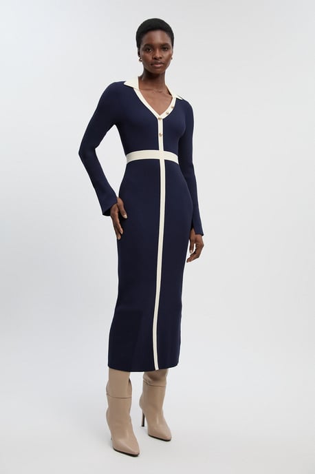 Knit Rib With Contrast Waist Detail Collared Midi Dress - Image 1