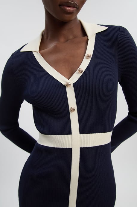 Knit Rib With Contrast Waist Detail Collared Midi Dress - Image 3