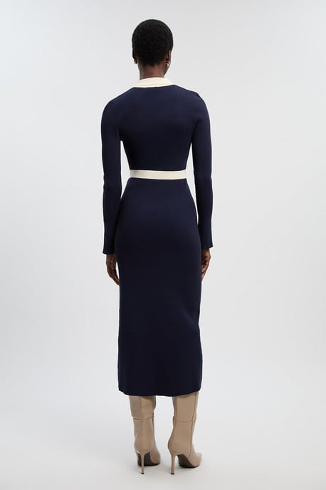 Knit Rib With Contrast Waist Detail Collared Midi Dress - Image 4