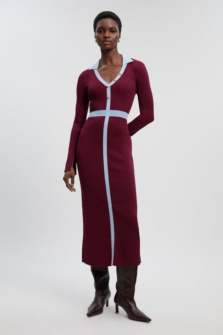 Knit Rib With Contrast Waist Detail Collared Midi Dress - Image 1