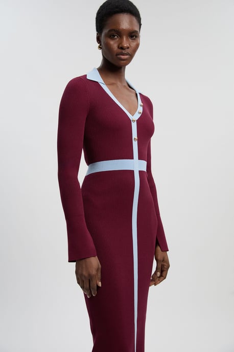 Knit Rib With Contrast Waist Detail Collared Midi Dress - Image 2