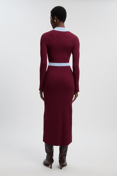 Knit Rib With Contrast Waist Detail Collared Midi Dress - Image 4