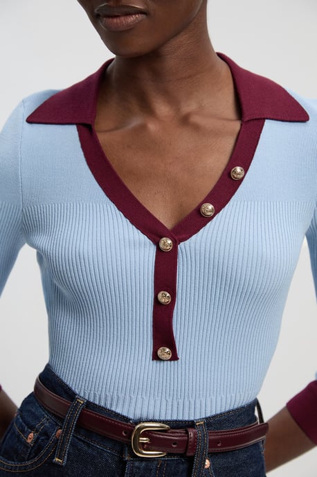 Knit Rib With Contrast Hem Detail Collared Top - Image 3