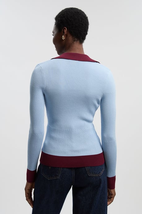 Knit Rib With Contrast Hem Detail Collared Top - Image 4