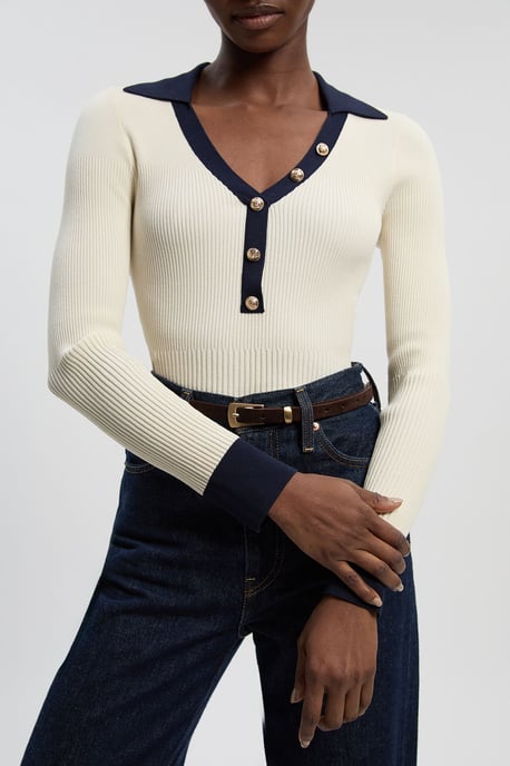 Knit Rib With Contrast Hem Detail Collared Top - Image 3