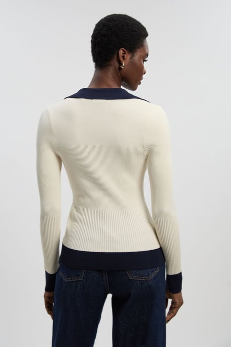 Knit Rib With Contrast Hem Detail Collared Top - Image 4