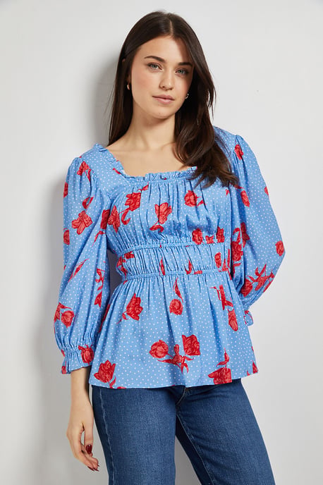 Blue Floral Square Neck Blouson Sleeve Top - Image 1