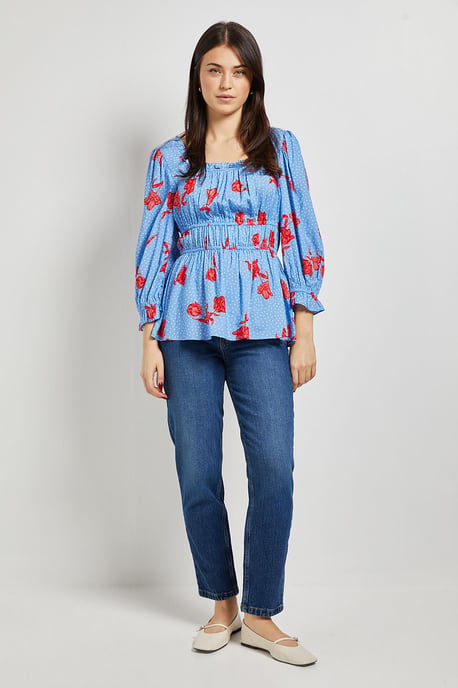 Blue Floral Square Neck Blouson Sleeve Top - Image 2