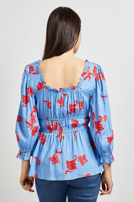 Blue Floral Square Neck Blouson Sleeve Top - Image 3