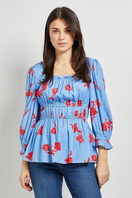 Blue Floral Square Neck Blouson Sleeve Top - Image 4