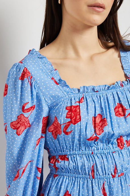 Blue Floral Square Neck Blouson Sleeve Top - Image 5