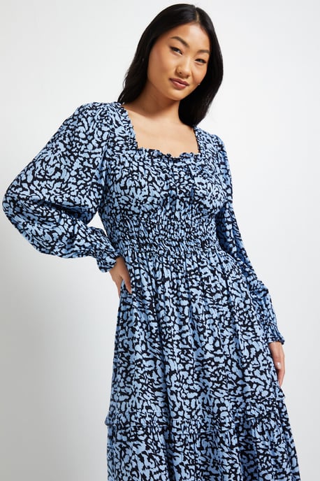 Petite Blue Square Neck Blouson Sleeve Tiered Maxi Dress - Image 2