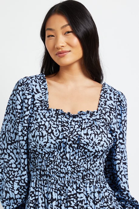 Petite Blue Square Neck Blouson Sleeve Tiered Maxi Dress - Image 4