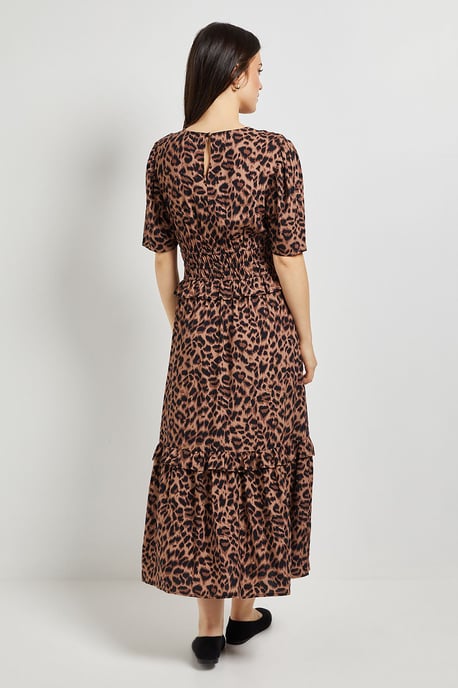 Leopard Empire Shirred Bodice Button Detail Maxi Dress - Image 3