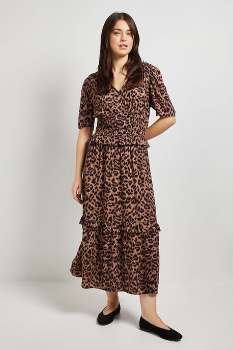 Leopard Empire Shirred Bodice Button Detail Maxi Dress - Image 4