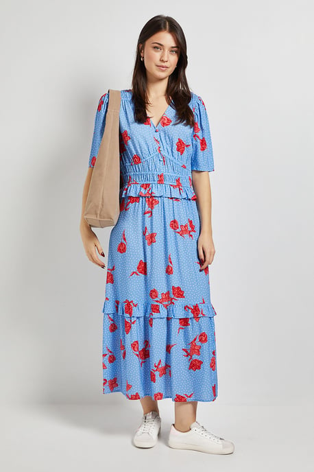 Blue Floral Empire Shirred Bodice Button Detail Maxi Dress - Image 1