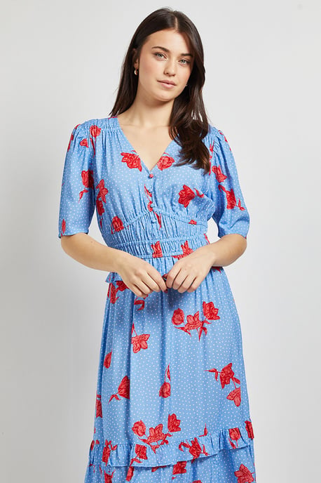 Blue Floral Empire Shirred Bodice Button Detail Maxi Dress - Image 2