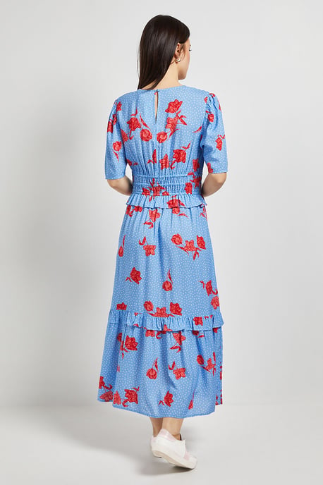 Blue Floral Empire Shirred Bodice Button Detail Maxi Dress - Image 3