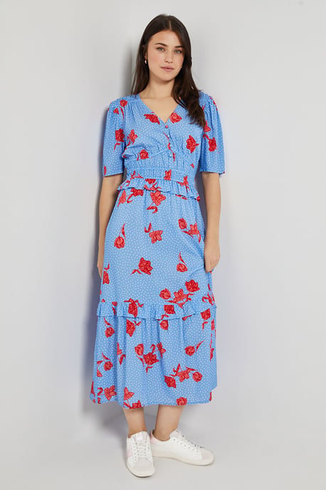 Blue Floral Empire Shirred Bodice Button Detail Maxi Dress - Image 4