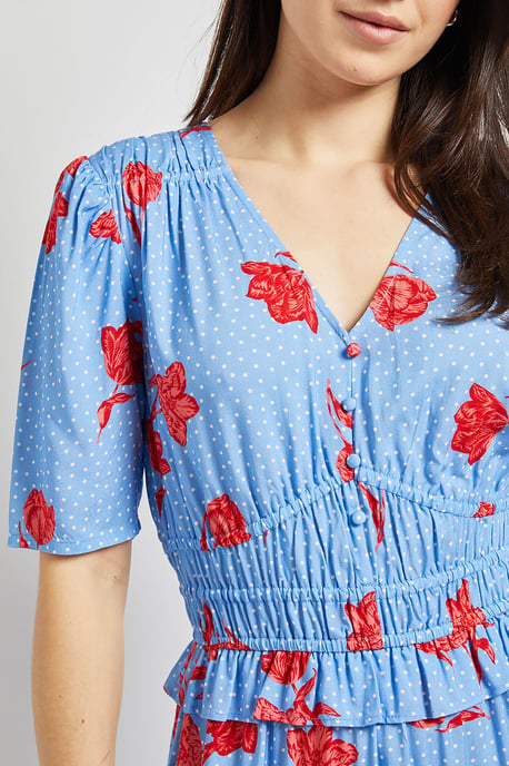 Blue Floral Empire Shirred Bodice Button Detail Maxi Dress - Image 5