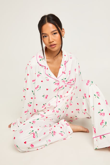 Petite Cherry Print Long Sleeve Shirt & Trouser 3 Piece Pyjama Set - Image 1