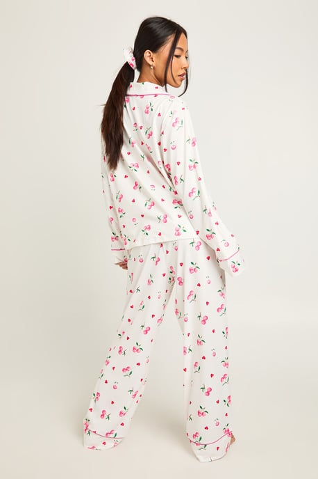 Petite Cherry Print Long Sleeve Shirt & Trouser 3 Piece Pyjama Set - Image 2