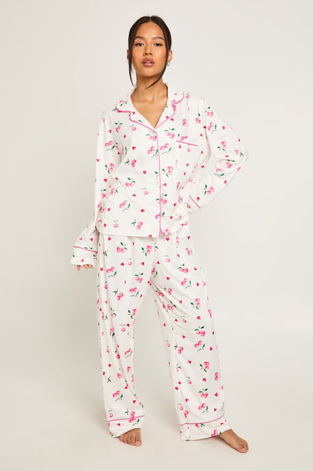 Petite Cherry Print Long Sleeve Shirt & Trouser 3 Piece Pyjama Set - Image 3