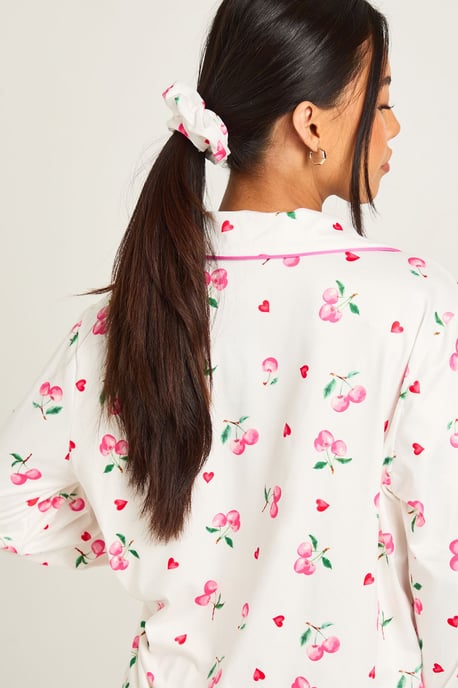 Petite Cherry Print Long Sleeve Shirt & Trouser 3 Piece Pyjama Set - Image 4