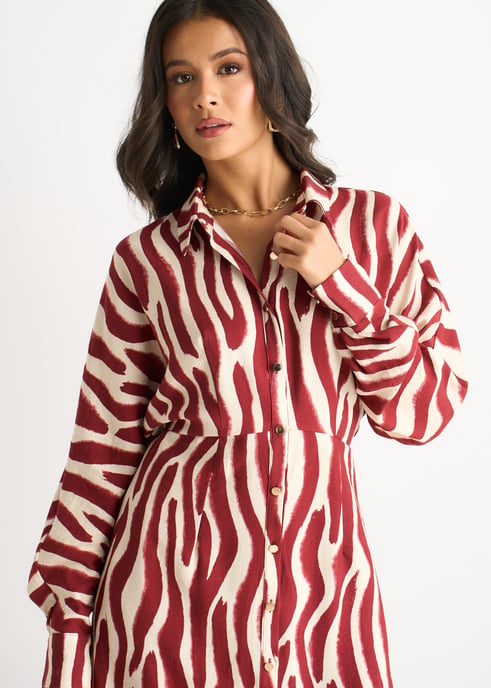 Burgundy Zebra Print Batwing Sleeves Shirt Dress - Image 2