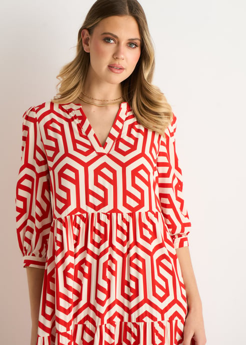 Red Geo Print Smock Maxi Dress - Image 2
