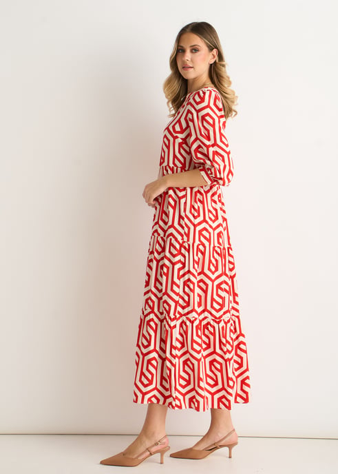 Red Geo Print Smock Maxi Dress - Image 3