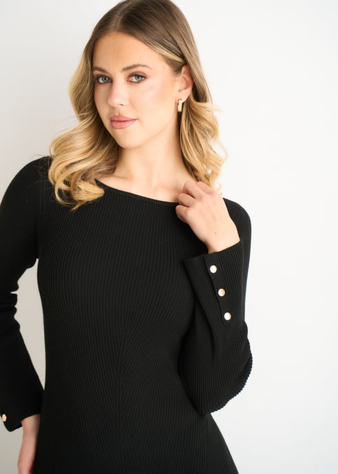 Svart slash neck stickad fit and flare-klänning - Image 2