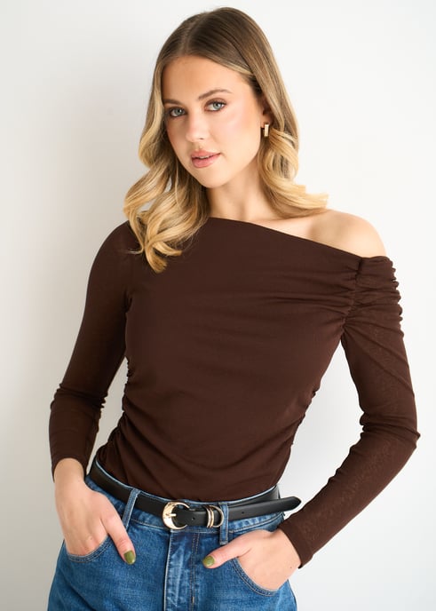 Chocoladebruine jersey top met V-hals en lange mouwen - Image 2
