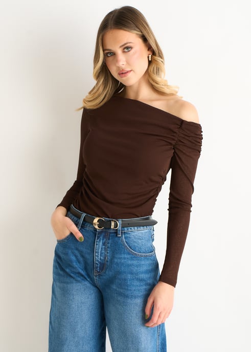 Chocoladebruine jersey top met V-hals en lange mouwen - Image 3