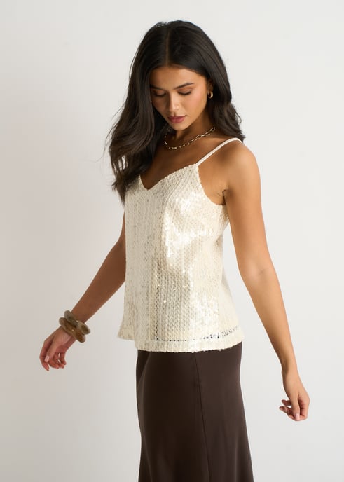 Cream Sequin V Neck Cami Top - Image 3