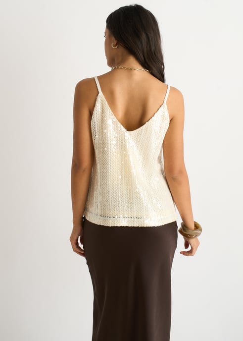 Cream Sequin V Neck Cami Top - Image 4